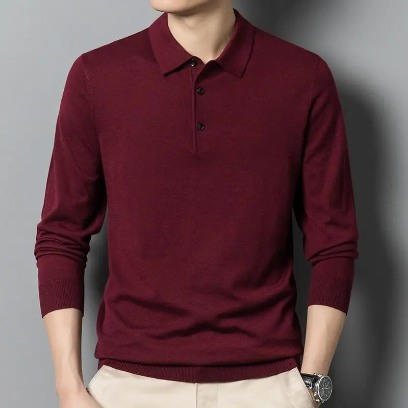 Men's Thin Top Solid Color High-end Casual Knitted Cardigan POLO Shirt