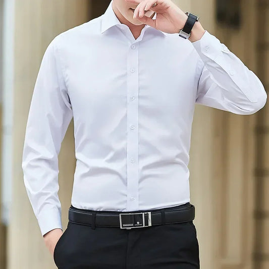 "Men's Solid Color Business Shirt – Classic Slim Fit Long Sleeve for Spring & Autumn"