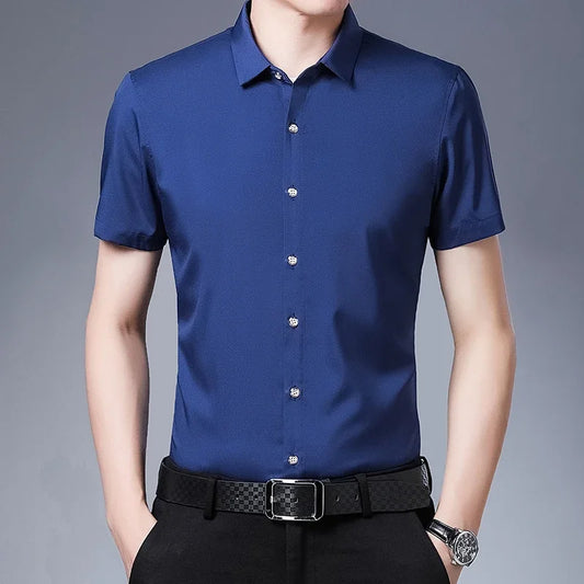 "Men's Business Casual Solid Color Short Sleeve Shirt Comfortable & Stylish"