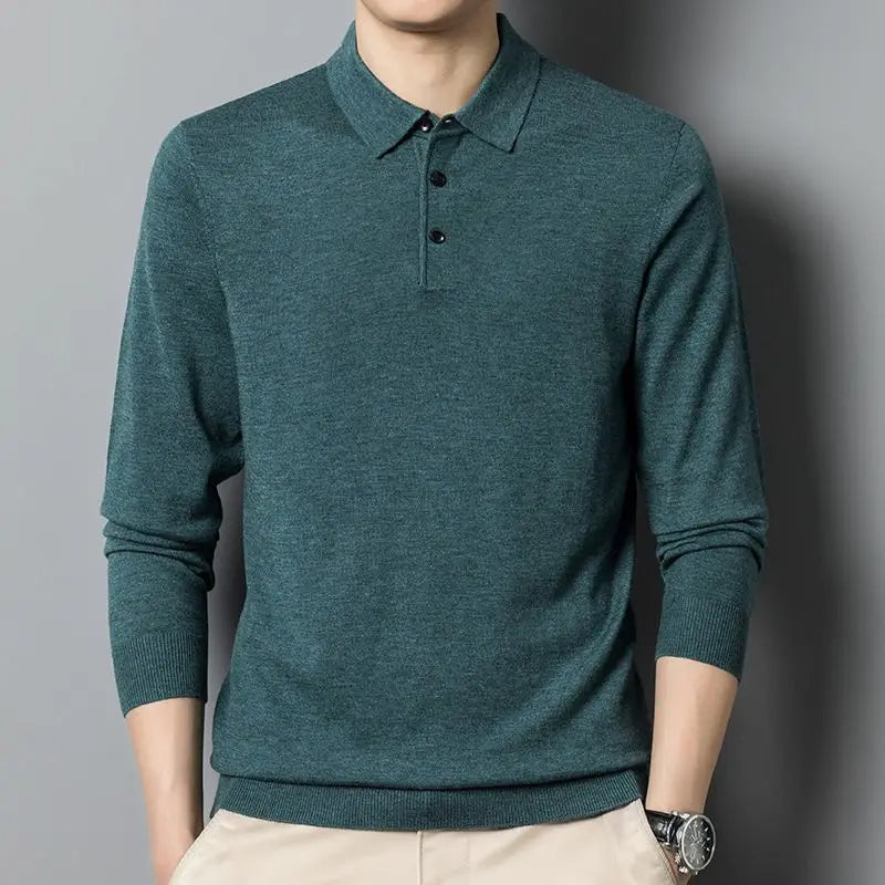 Men's Thin Top Solid Color High-end Casual Knitted Cardigan POLO Shirt