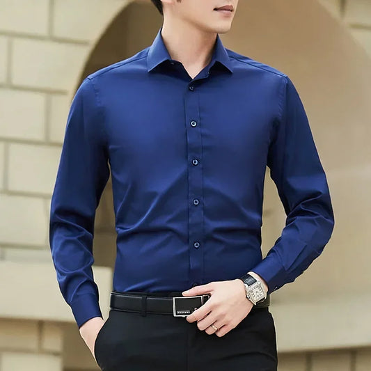 "Men's Solid Color Business Shirt – Classic Slim Fit Long Sleeve for Spring & Autumn"