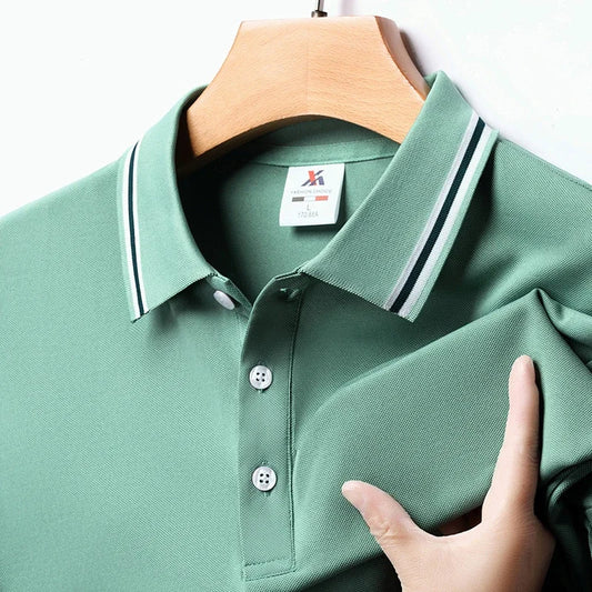 Men's Fashion Solid Short Sleeved Striped Lapel Polo Shirt Summer Breathable Comfortable