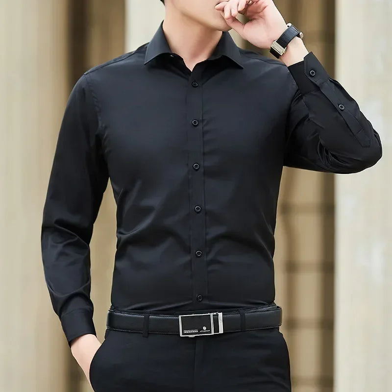 "Men's Solid Color Business Shirt – Classic Slim Fit Long Sleeve for Spring & Autumn"