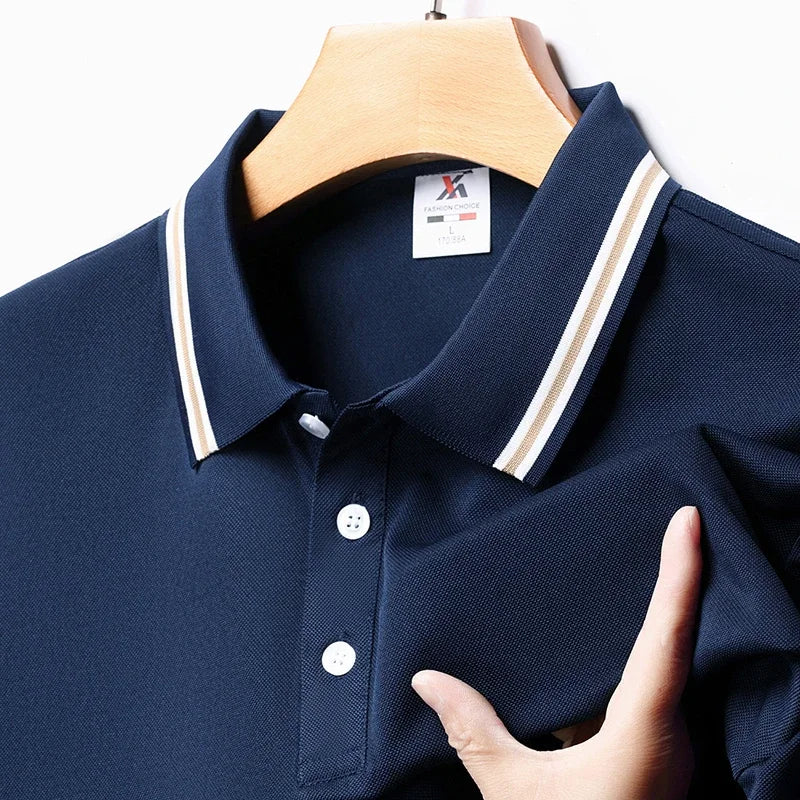 Men's Fashion Solid Short Sleeved Striped Lapel Polo Shirt Summer Breathable Comfortable