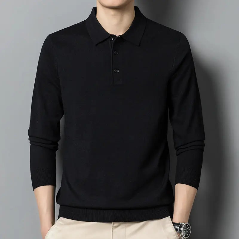 Men's Thin Top Solid Color High-end Casual Knitted Cardigan POLO Shirt