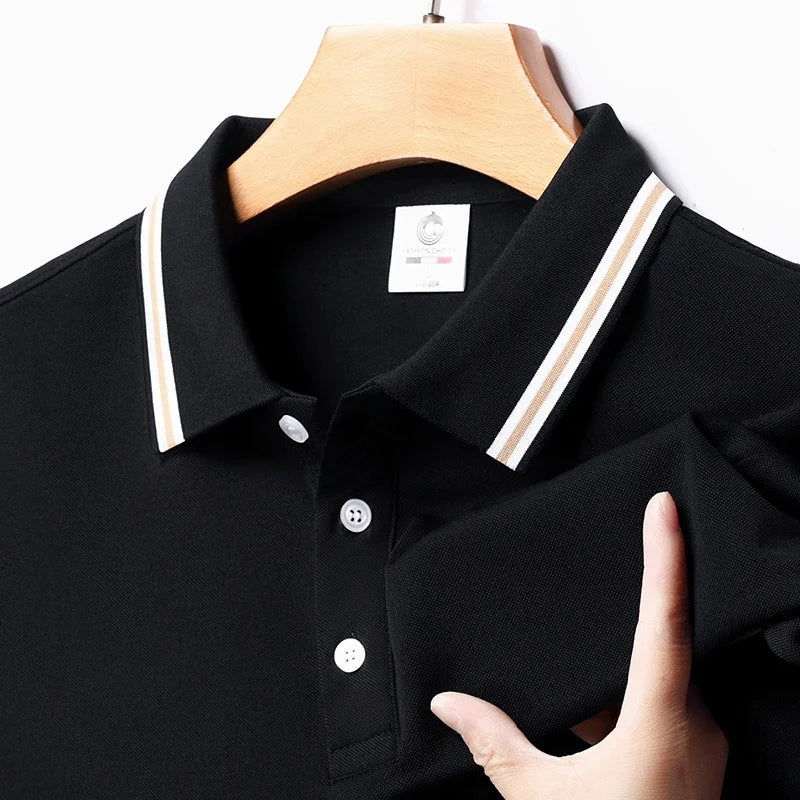 Men's Fashion Solid Short Sleeved Striped Lapel Polo Shirt Summer Breathable Comfortable