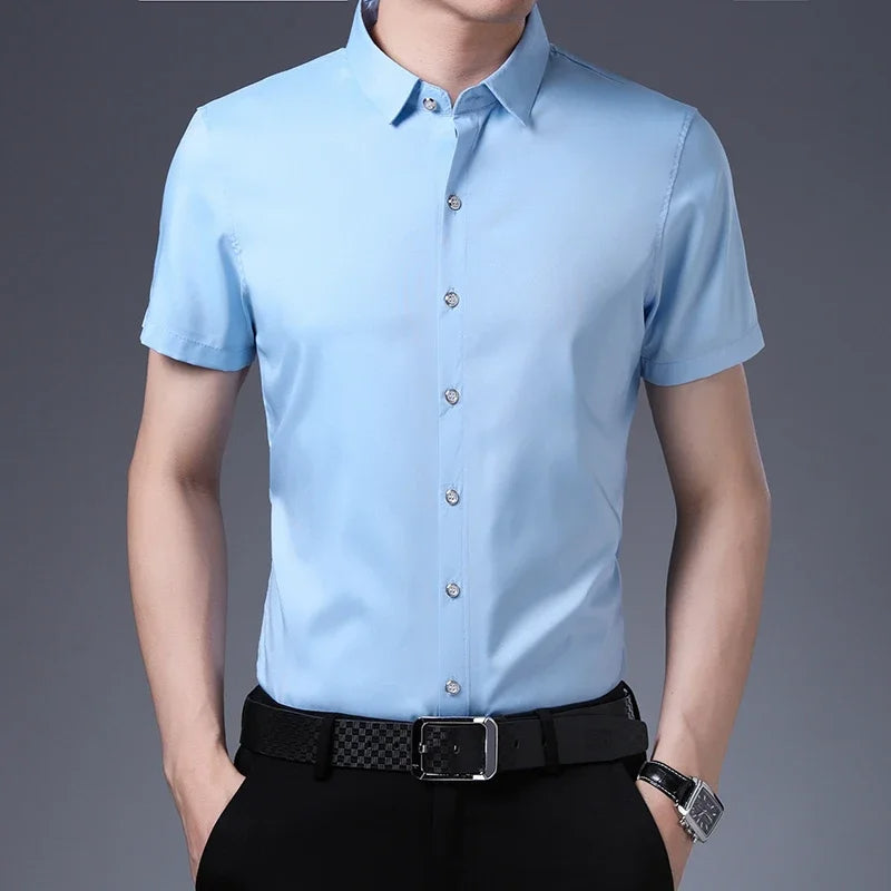 "Men's Business Casual Solid Color Short Sleeve Shirt Comfortable & Stylish"