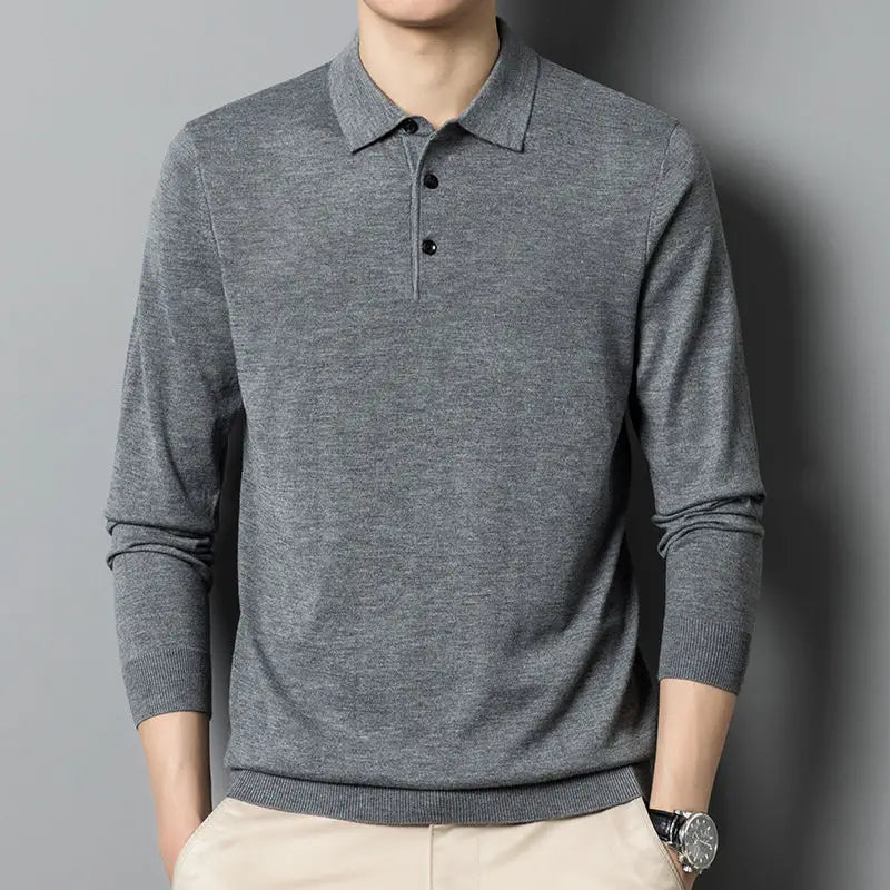 Men's Thin Top Solid Color High-end Casual Knitted Cardigan POLO Shirt