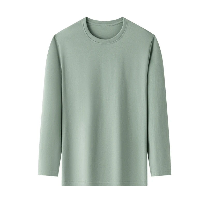 Men's Solid Color Round Neck Cotton Long Sleeved T-shirt Summer Comfortable Top