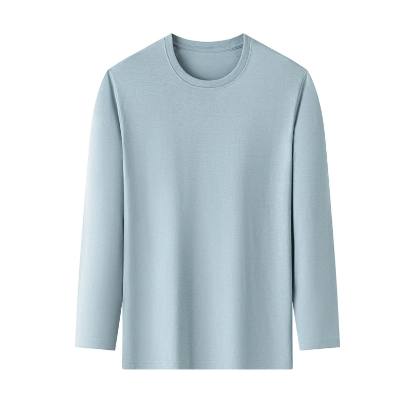 Men's Solid Color Round Neck Cotton Long Sleeved T-shirt Summer Comfortable Top